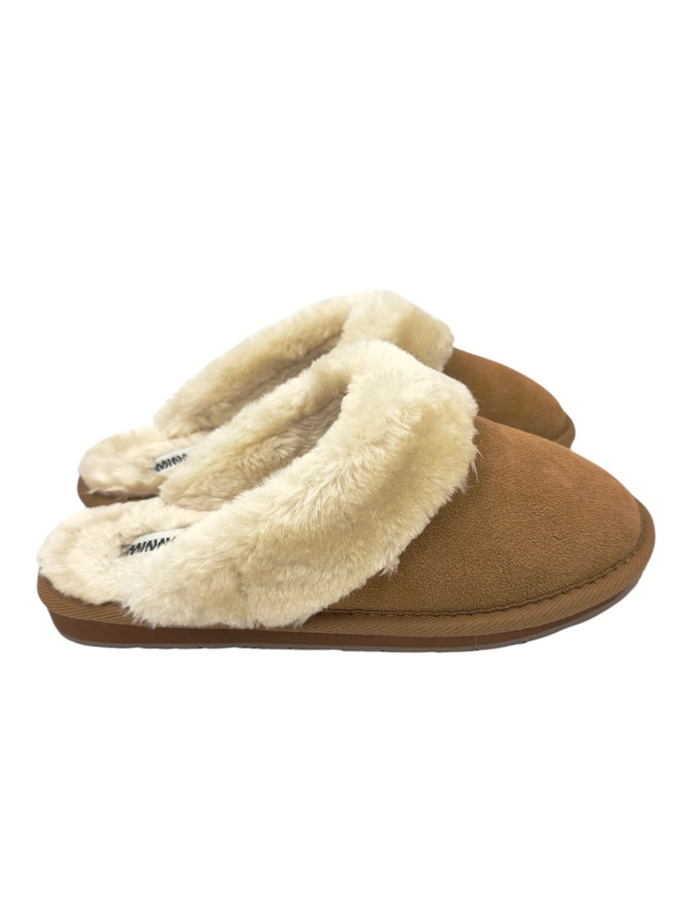 Minnetonka Shar Faux Fur Trim Slippers Tan Brown Suede Size 8 Slip On Cozy Warm